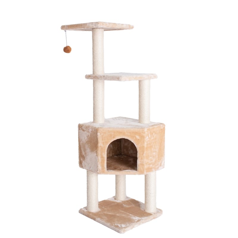 3 Levels Real Wood Cat Tower for Kittens Play 48 Height Beige