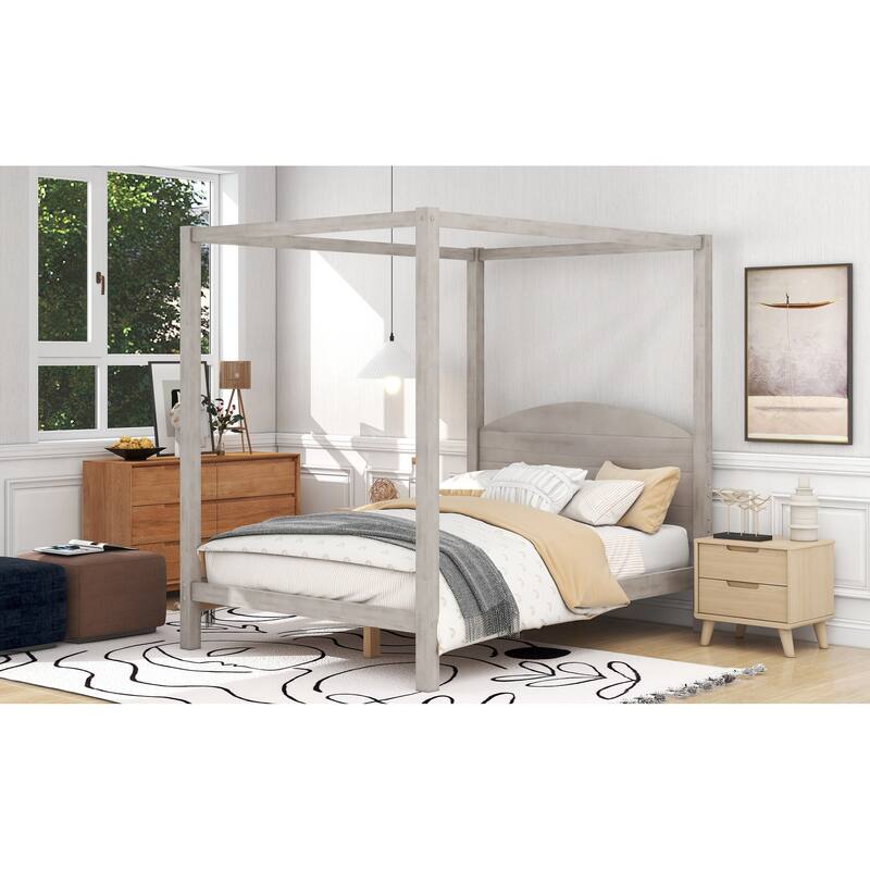 Pine Wood Canopy Platform Bed: Headboard, Sturdy Frame