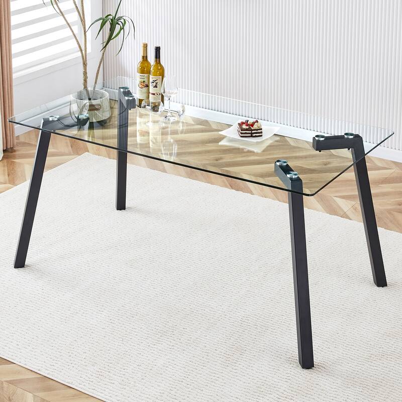 Minimalist style rectangular glass dining table with tempered glass and golden metal legs, for dining room,living room