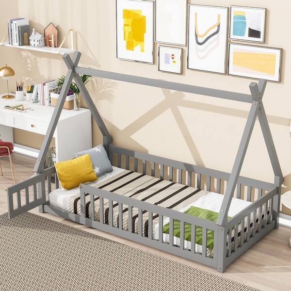 slide 2 of 8, Twin Floor Bed with Guardrails Door and Slats Wooden Frame for Kids Room Grey