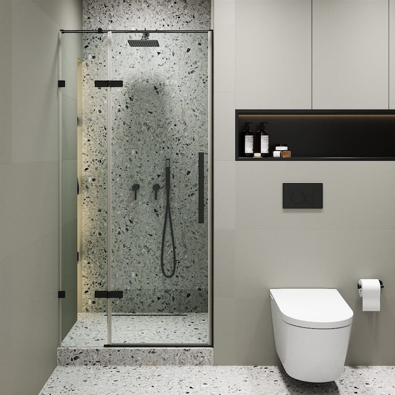 Fine Fixtures Hinged Clear Frameless Glass Shower Door Enclosure - 36 Inch - Black