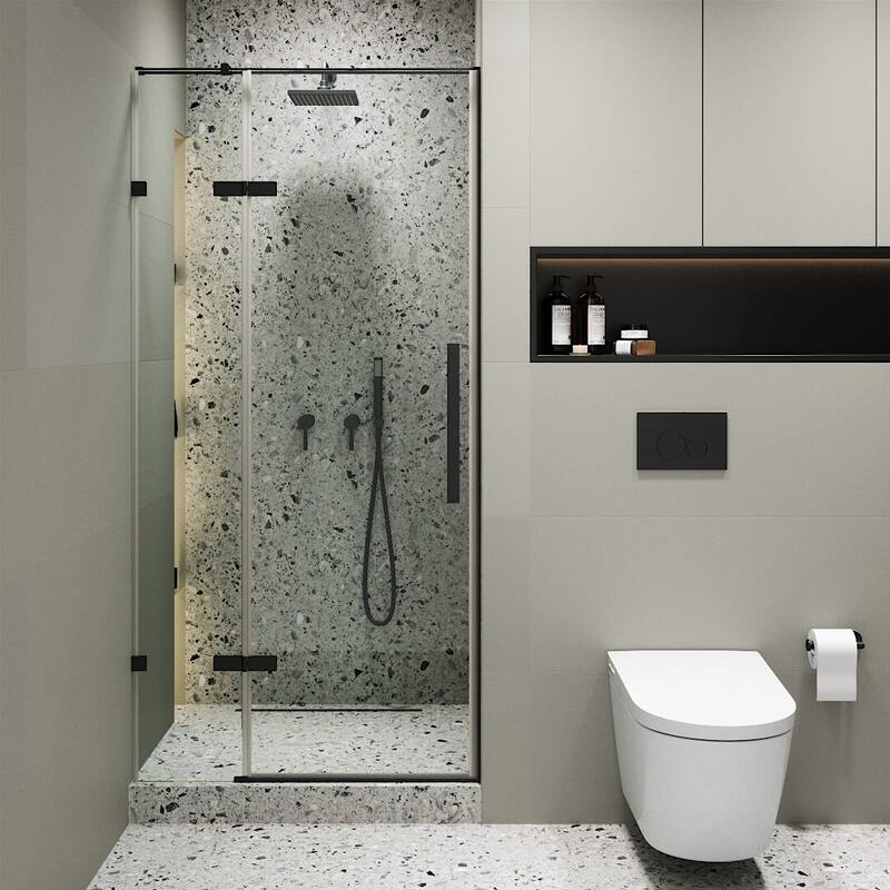 Fine Fixtures Hinged Clear Frameless Glass Shower Door Enclosure - 42 Inch - Black