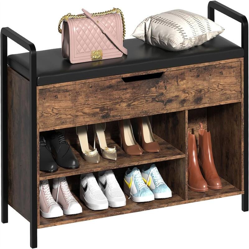 Wooden Shoe Cabinet with Cushion- Shoe Bench - 35.4"D x 11.8"W x 24.4"H - Rustic Brown + Black - 35.4"D x 11.8"W x 24.4"H