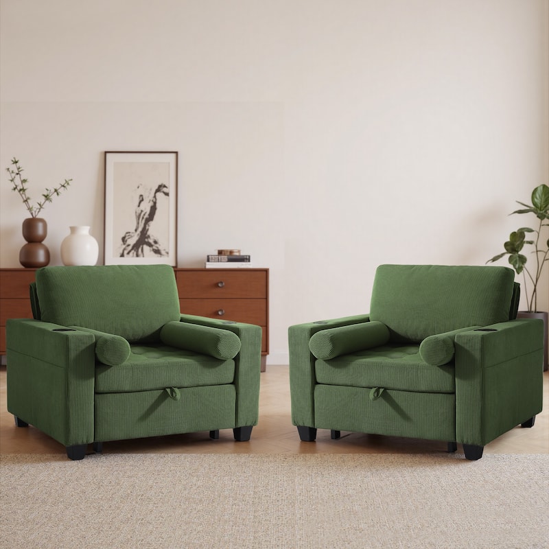 Corduroy Upholstered Accent Chair Convertible Sleeper Chair Set of 2