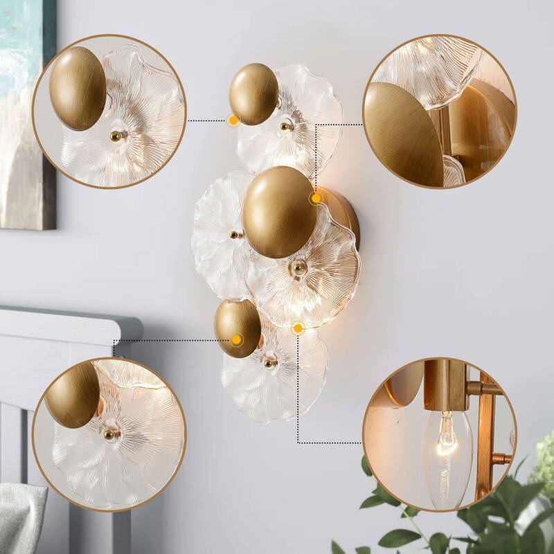 Frieda 2-Light Brushed Brass Glass Flower Wall Sconce - 9" W x 16" H x 5.5" D