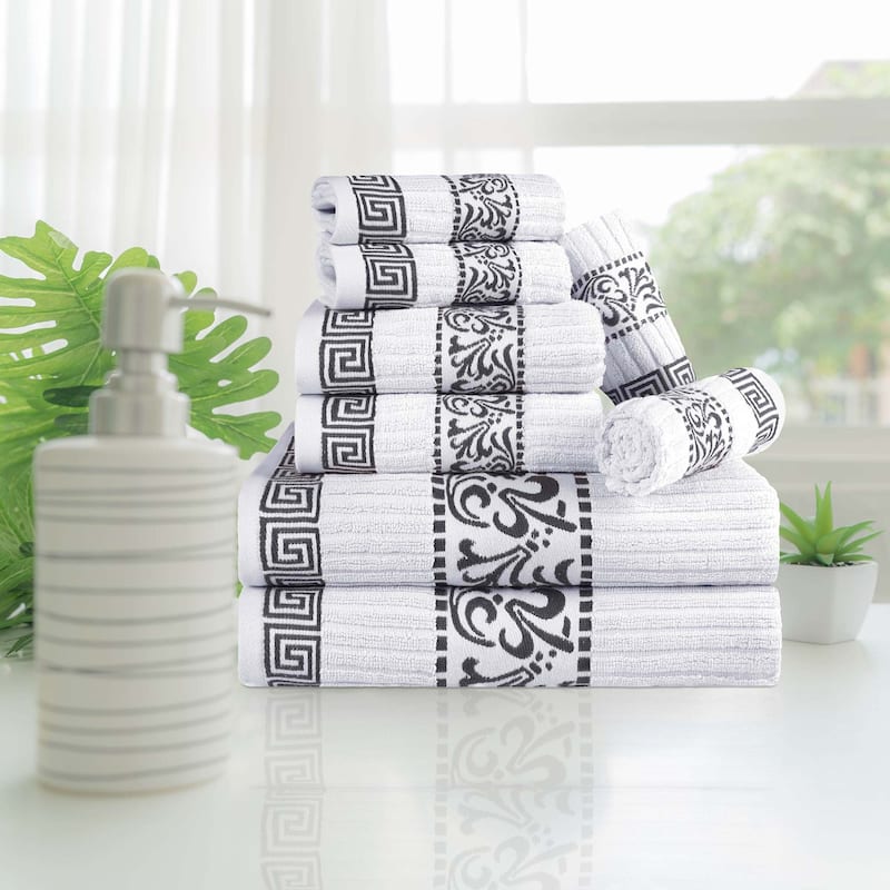 Superior Athens Cotton Floral Border Greek Key 8-Piece Towel Set - Grey