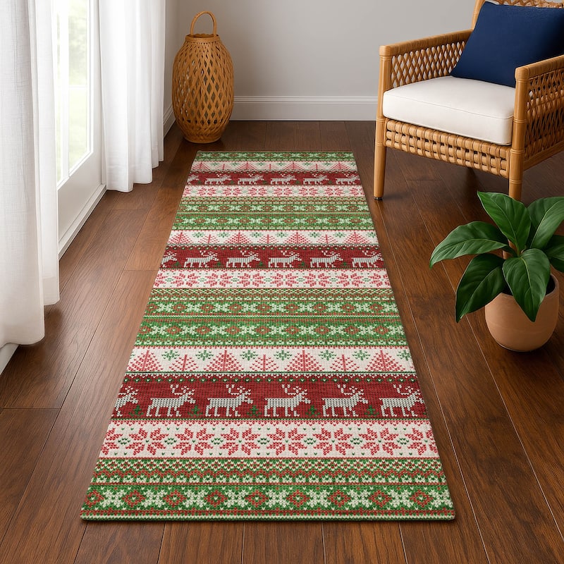 Premium Washable Super Soft Chritmas Stripes Mayfield Rug - Green - 2'3" x 7'6"