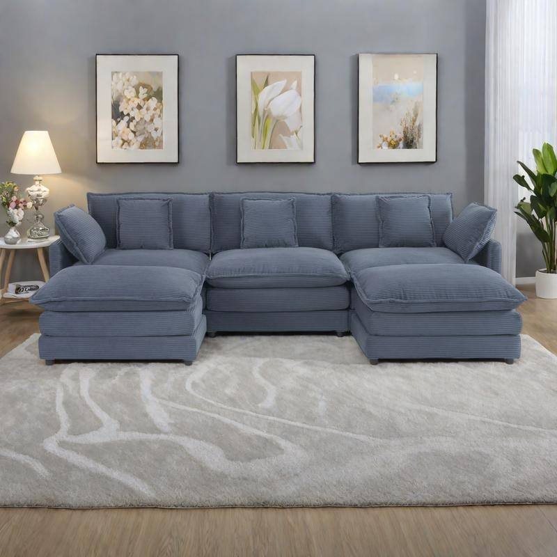 112.6" Corduroy Modular Sectional Sofa with Ottoman and Storage Pockets