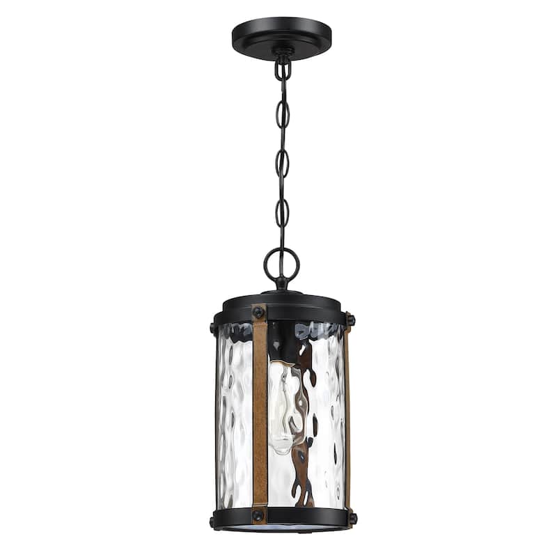 1-Light Matte Black and Barnwood Accents Outdoor Hanging Pendant Light - Black