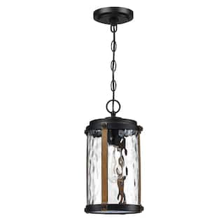 1-Light Matte Black and Barnwood Accents Outdoor Hanging Pendant Light