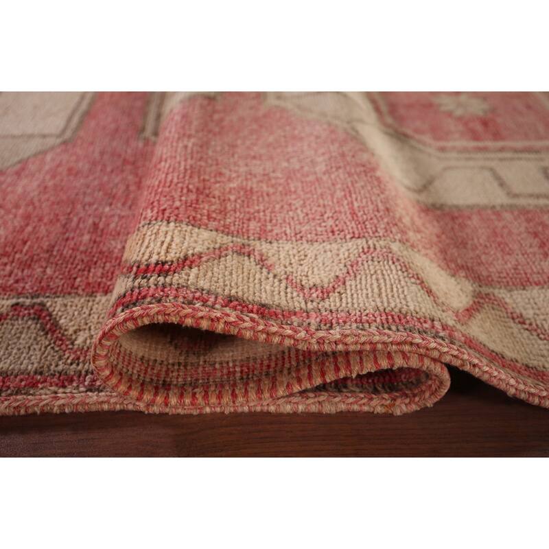 Pink & Red Geometric Anatolian Turkish Runner Rug Handmade Wool Carpet - 3'9"x 12'6"