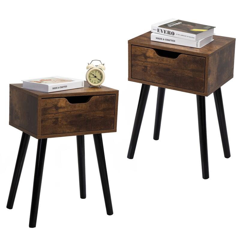Modern Rustic Wood Side Table with Storage Drawer for Bedroom or Living Room