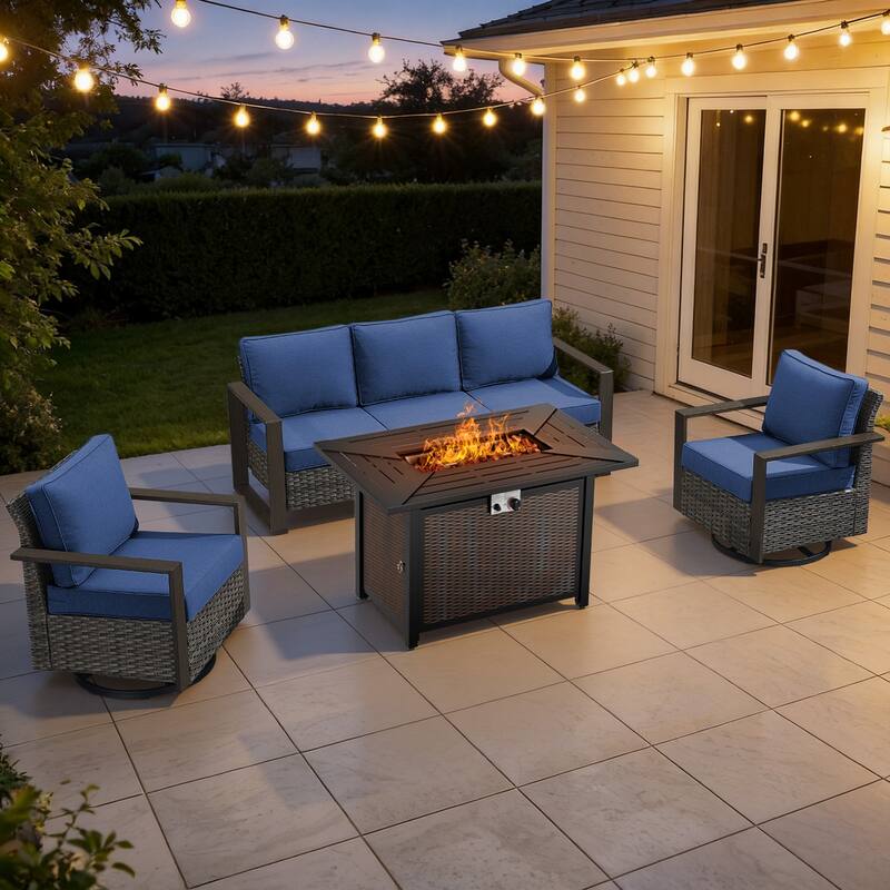 Meyreso Wicker Outdoor Patio Metal Fire Pit Set with Swivel Gliders & 4.5" Olefin Cushions - Gray / Navy Cushions - 4-Piece