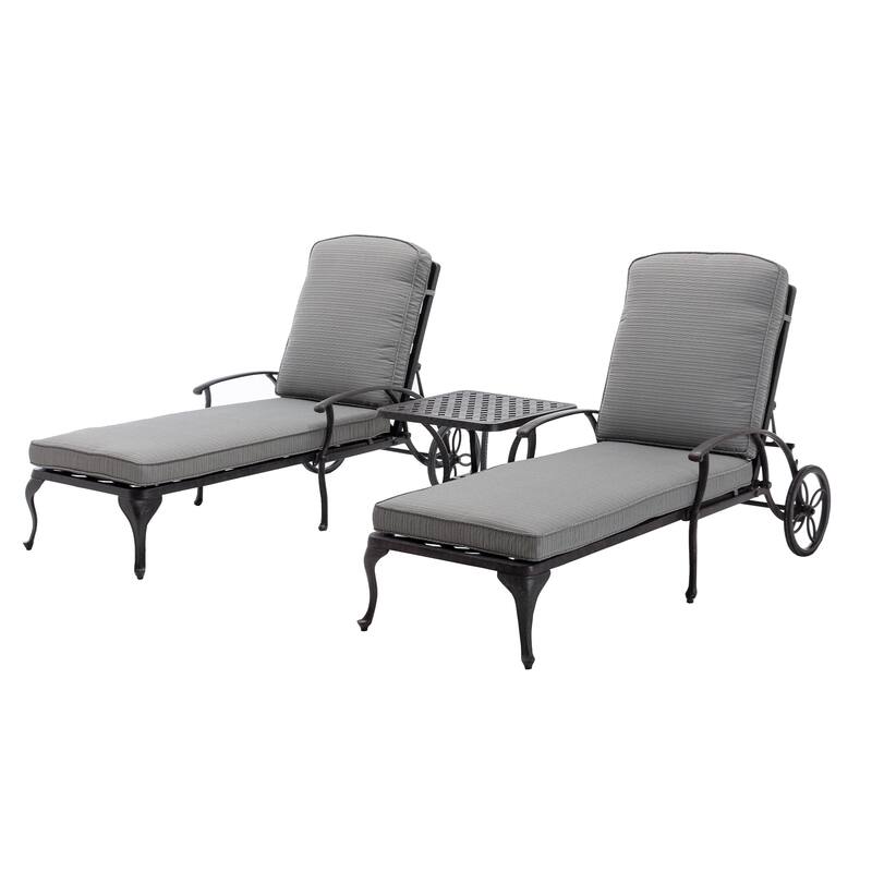 3-Piece Aluminum Reclining Outdoor Chaise Lounge with Cushions and Table