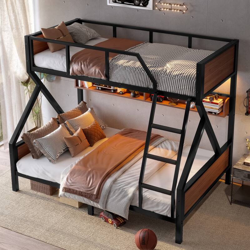 Twin over Full Bunk Bed, Metal Bunk Bed with Storage Shelves and Lights, Space-saving & Noise-free Design, Black