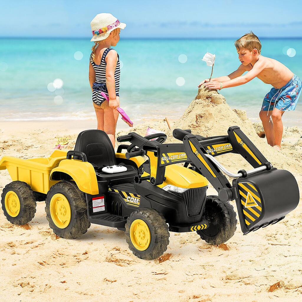 EROMMY Remote-Controlled Ride-On Car with Digger, Horn, Lights, Music Player, and Safety Belt