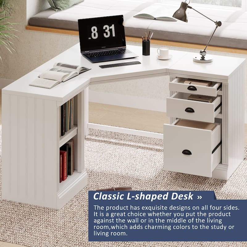 Modern L-Shaped Office Desk Corner Writing Desk Executive Desk with Open Shelves and Storage Silent Drawers