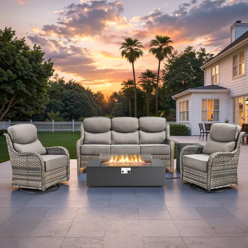 Pocassy 43" Fire Pit w/ Outdoor Sofa Swivel Chair Ottoman Set - Gray Wicker Gray Cushion - 4PCS Fire Table w/ 6-In Cushion Sofa Swivel Chair