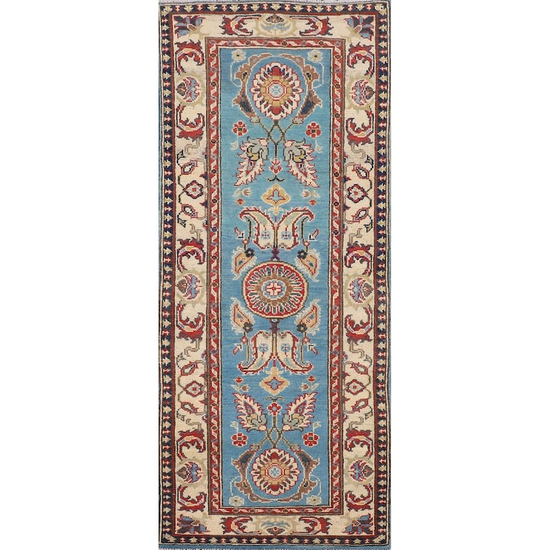 Light Blue Kazak Runner Rug Hand-Knotted Wool Carpet - 2'1" x 5'8"
