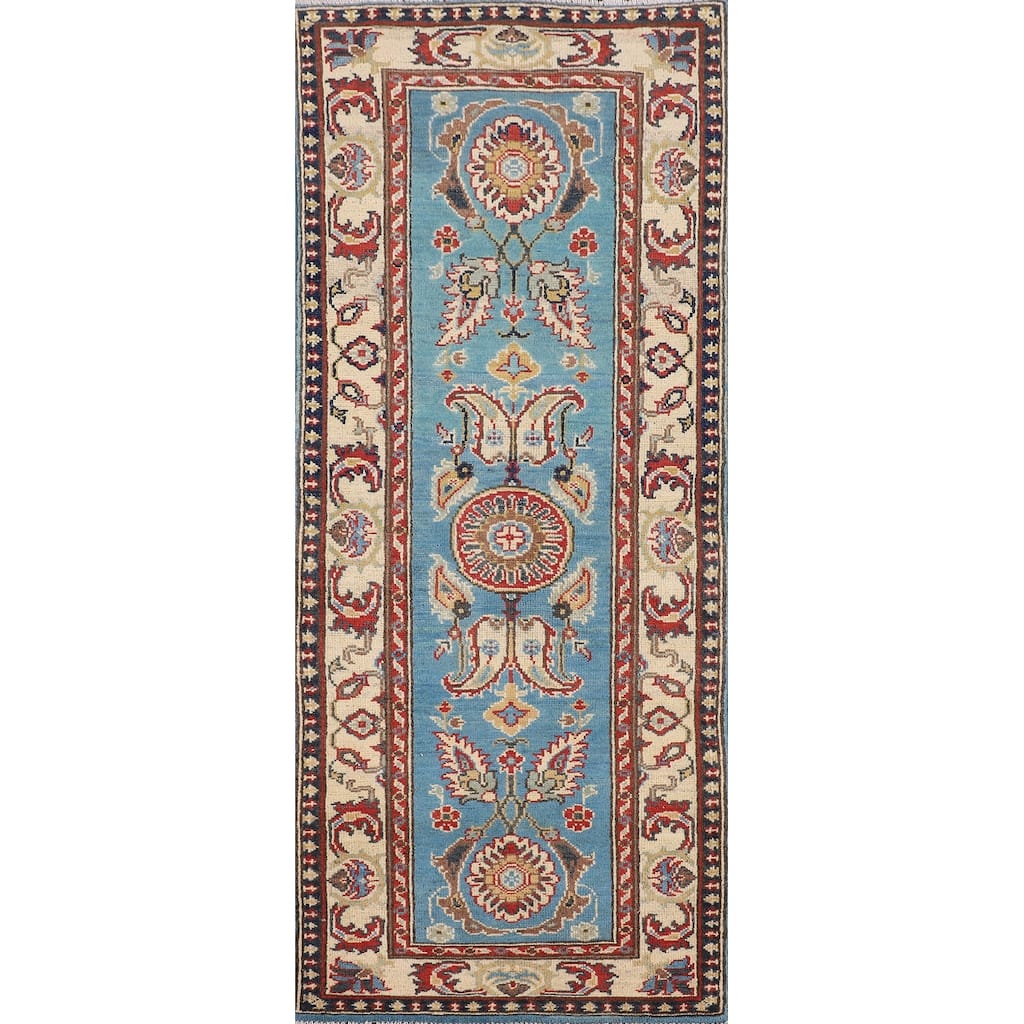 Light Blue Kazak Runner Rug Hand-Knotted Wool Carpet - 2'1" x 5'8"