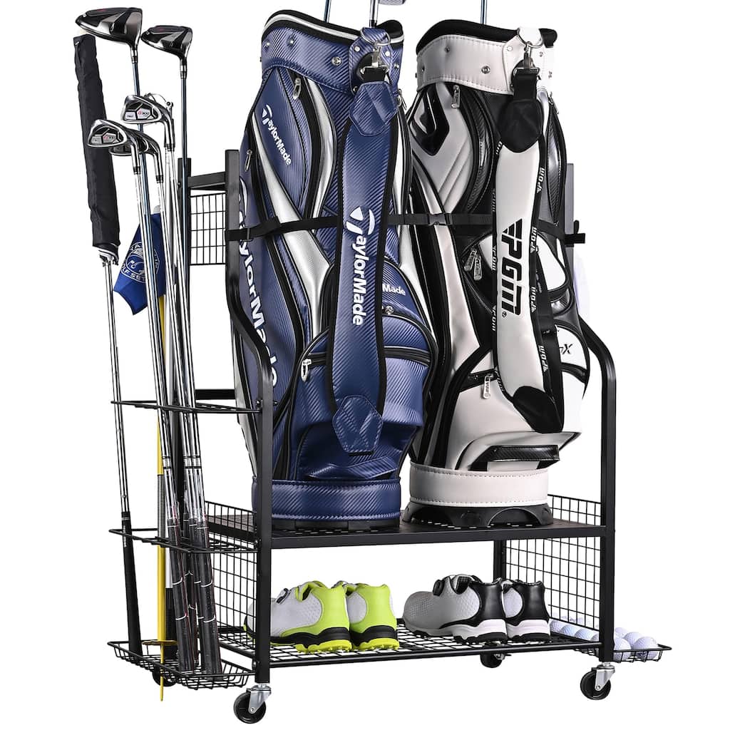Golf Bag Storage Organizer for Garage with Side Club Rack and Accessory Baskets
