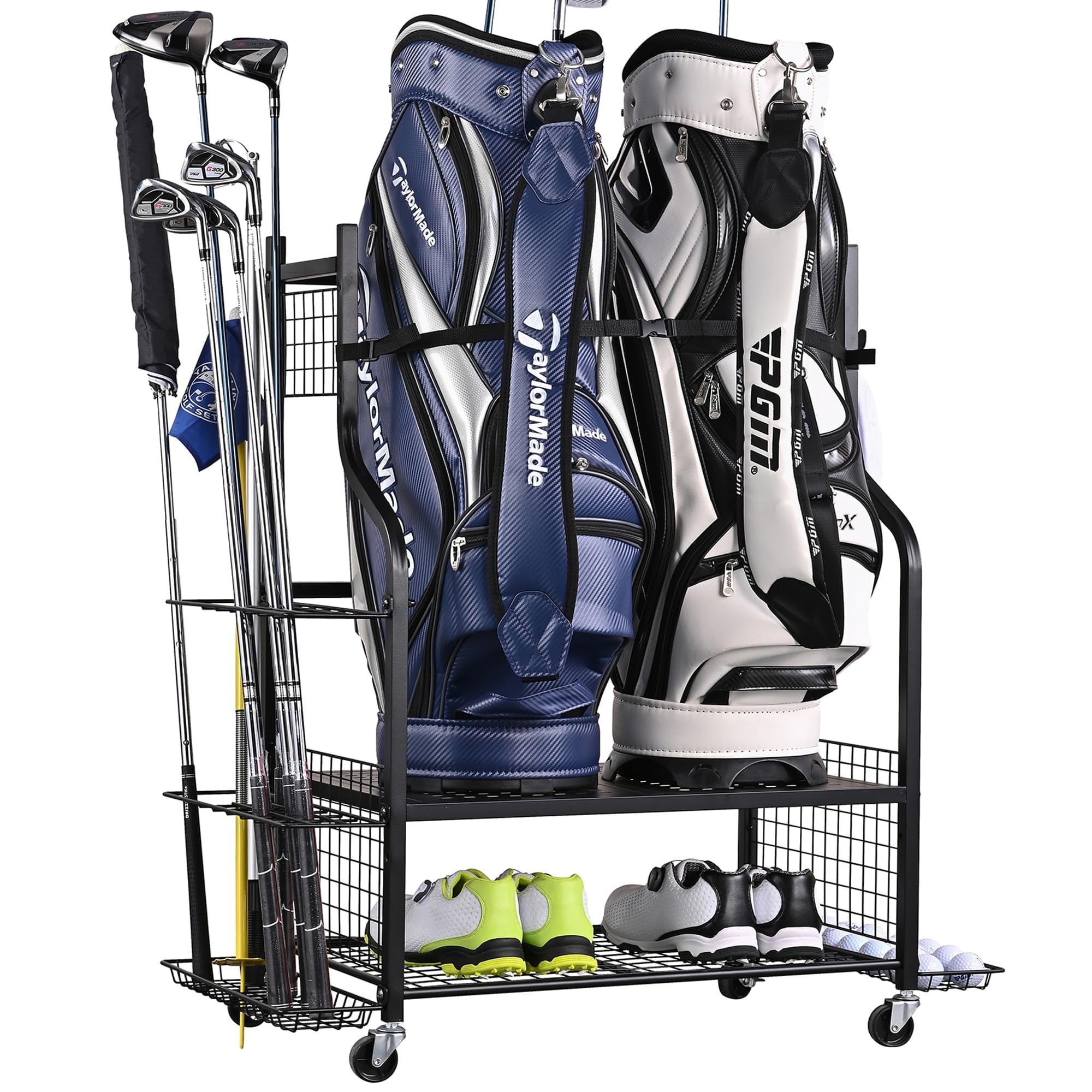 Golf Bag Storage Organizer with Side Club Rack and Accessory Baskets