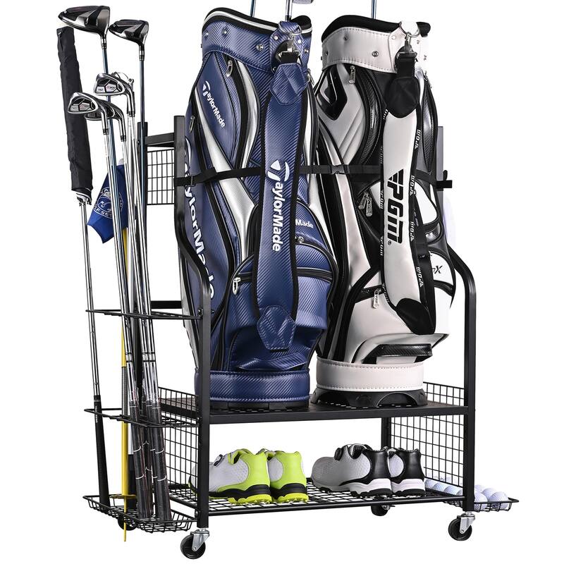 Golf Bag Storage Organizer for Garage with Side Club Rack and Accessory Baskets