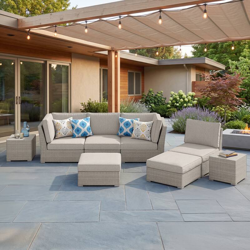 Corvus Looe 8-Piece Outdoor Sectional Set with Deep Seating, Aluminum Wicker Conversation Sofa with Ottomans