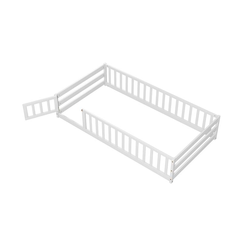 Twin Size Kids Wood Montessori Floor Bed with Door and Fence - White
