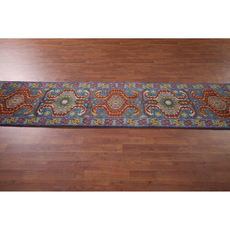 Geometric Blue Kazak Oriental Runner Rug Handmade Wool Carpet - 2'5"x 9'10"