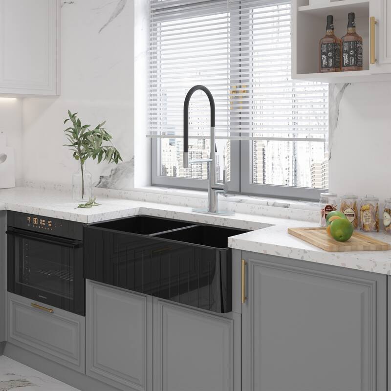 All-in-One Fireclay Striped Design Reversible Installation Double Bowl Farmhouse/Apron-Front Kitchen Sink with Kitchen Faucet