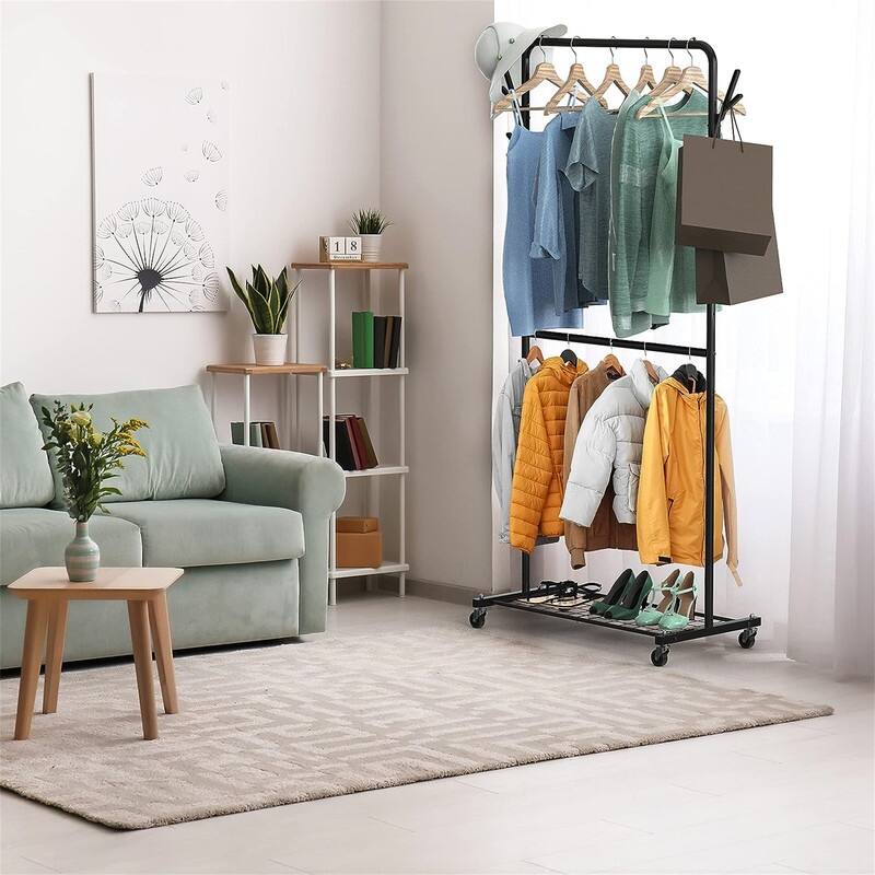 Double Rod Garment Rack With Wheels and Hooks - 16.81"D x 39.69"W x 71.42"H