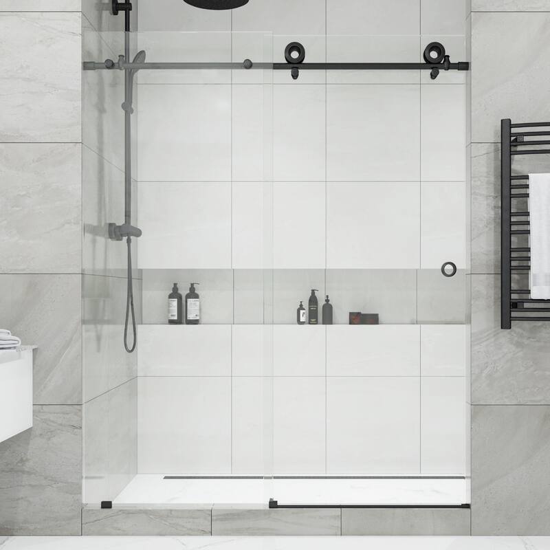 Seawin Crystal 56 - 60 x 78 inches Frameless Sliding Shower Door 3/8 in. (10 mm) Clear Tempered Glass with NanoShield Coating - Matte Black