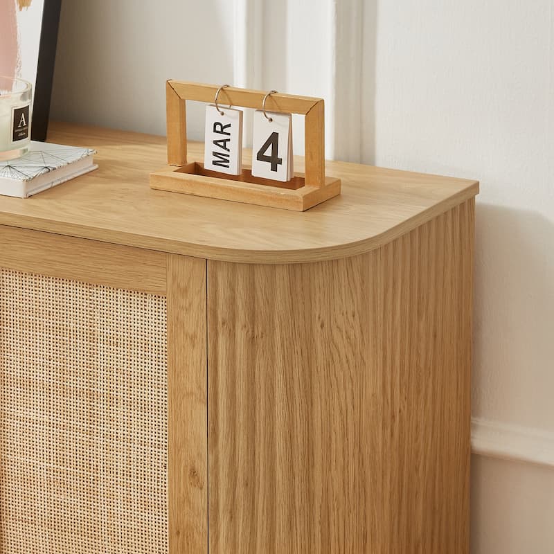 64-inch Wave Shaped TV Stand, Rounded Corner Sideboard, Storage Cabinet, Buffet, Wood Vertical Striped Cabinet with Rattan Doors