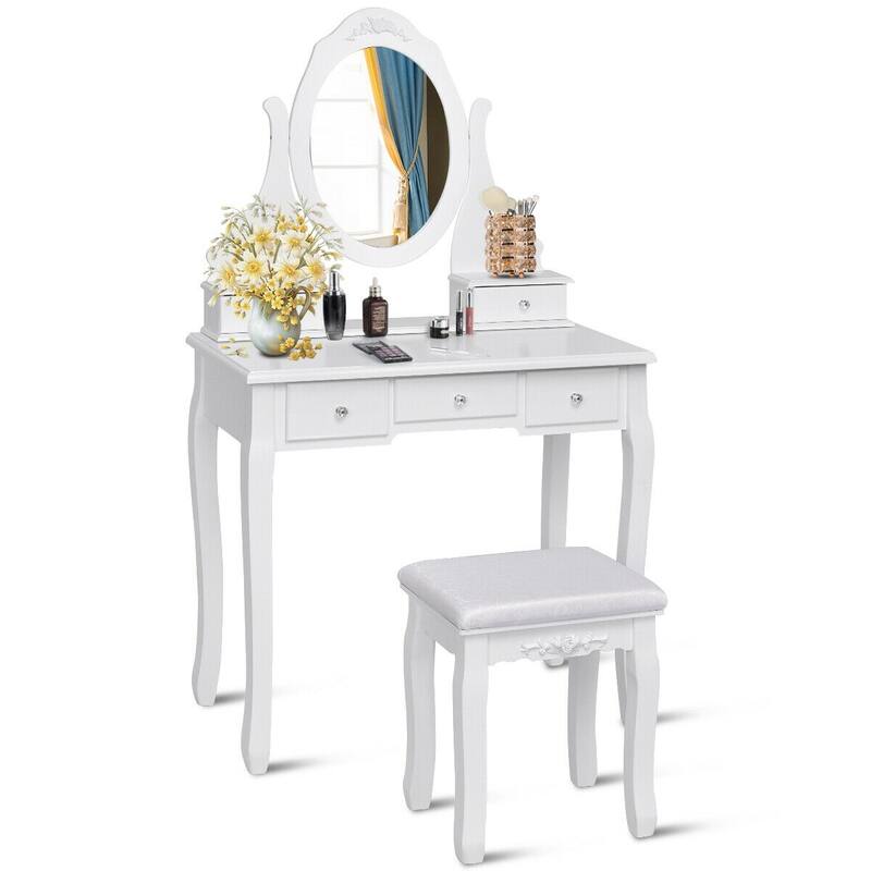 Gymax Bedroom Wooden Mirrored Makeup Vanity Set Stool Table Set White