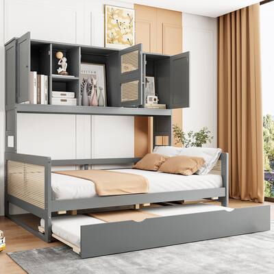 Full Size Wood Storage Daybed with All-in-One Cabinet and 2 Drawers