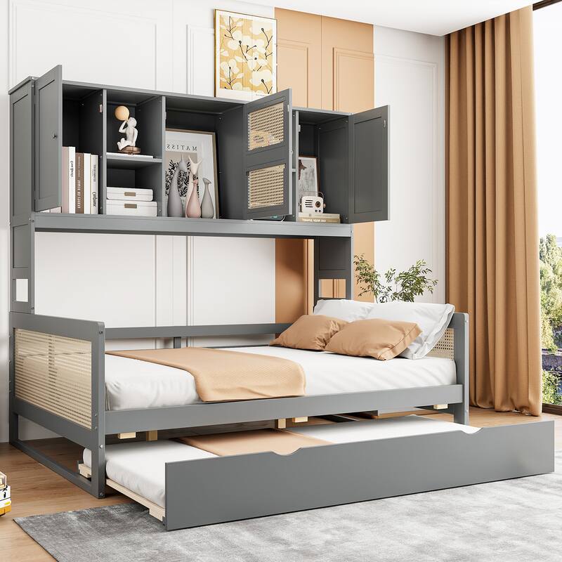 Wood Full Size Daybed with Built-In Storage Cabinet, Shelves & Twin Trundle, Rattan Accent, No Box Spring Needed