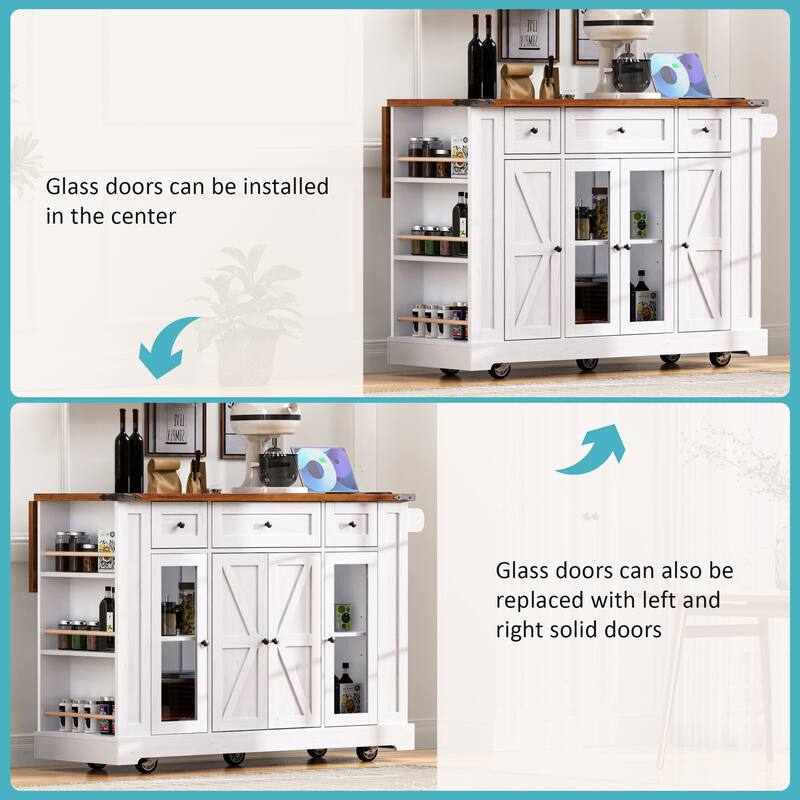 Rolling Kitchen Island with Two Tempered Glass Cabinet Doors & 3 Drawers, Kitchen Cart with Drop Leaf & 5 Open Side Racks