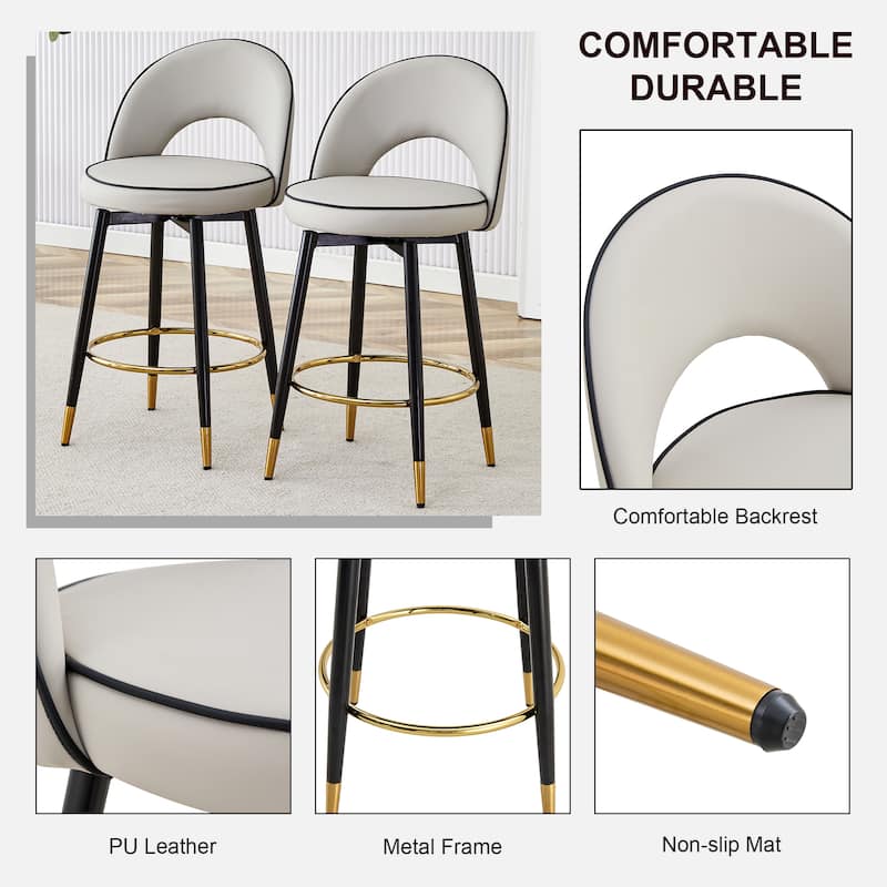 Modern Set of 2 Swivel Bar Stools with PU Cushioned Backrest Metal Legs, for Dining Room Living Room and Patio