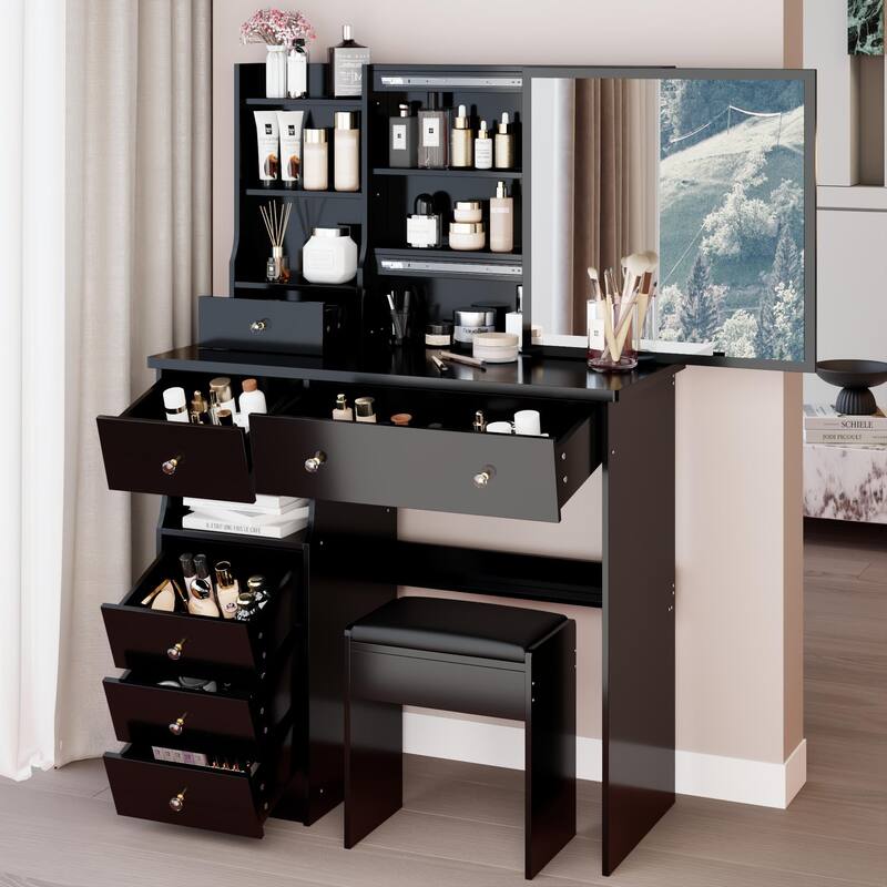 37" Middle Size Left Drawer Vanity Table + Cushioned Stool, Extra Large Right Sliding Mirror, Multi Layer High Capacity Storage