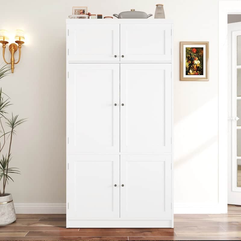 Modern 80.1" Tall Freestanding Kitchen Pantry Cabinet with Adjustable Shelves and 2 Power Outlets - White