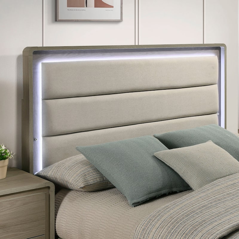Furniture of America Thaila Modern 2-Piece Grey Wood Upholstered Panel Bedroom Set with LED on Headboard