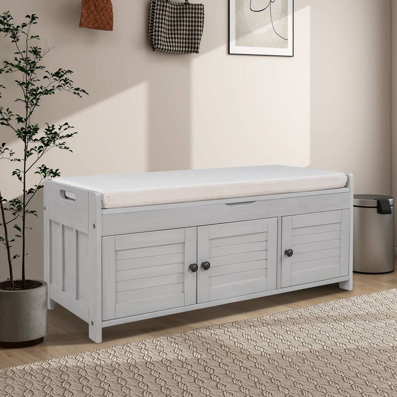 43.5" Storage Bench With Linen Blend Cushion - Grey
