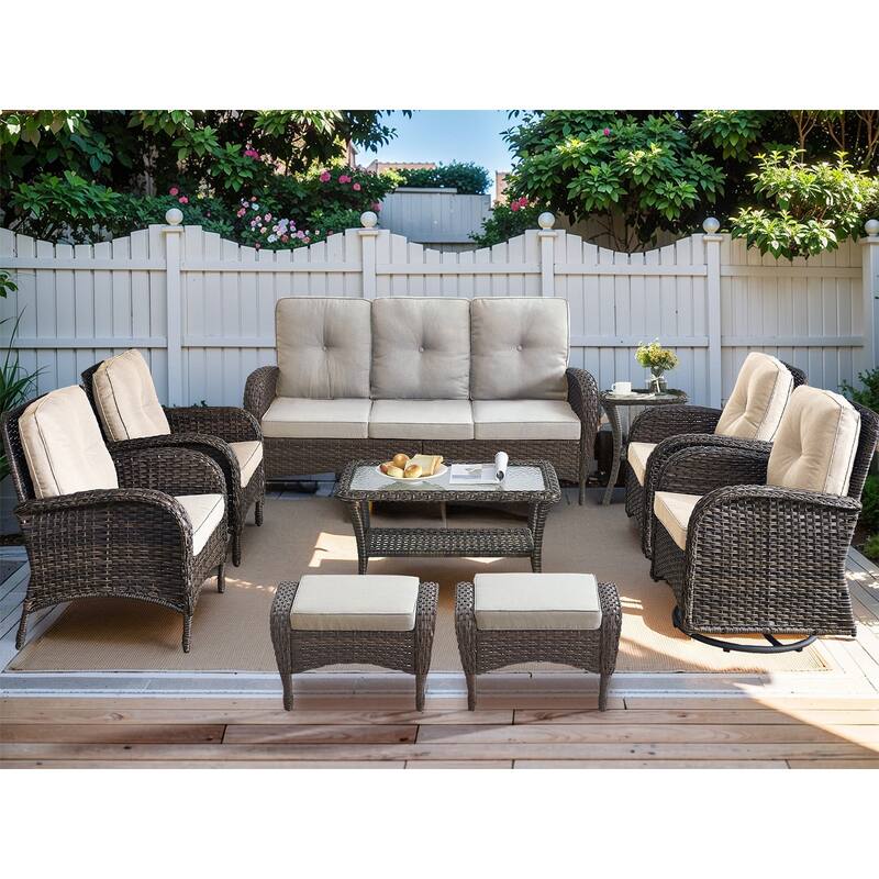 Wicker Patio Furniture Set 9 Piece Set - Brown - Beige - Brown