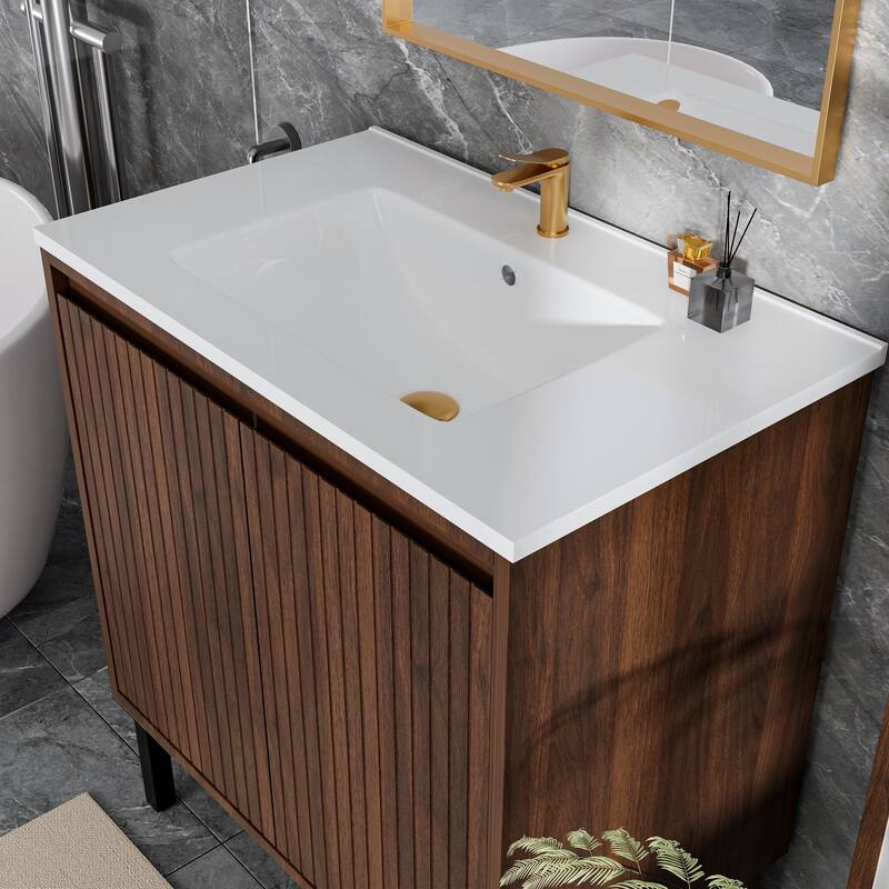 GDFStudio - Ari Modern Aesthetic Freestanding Bathroom Vanity with Ceramic Sink, Soft Close Drawers & Large Storage Spaces