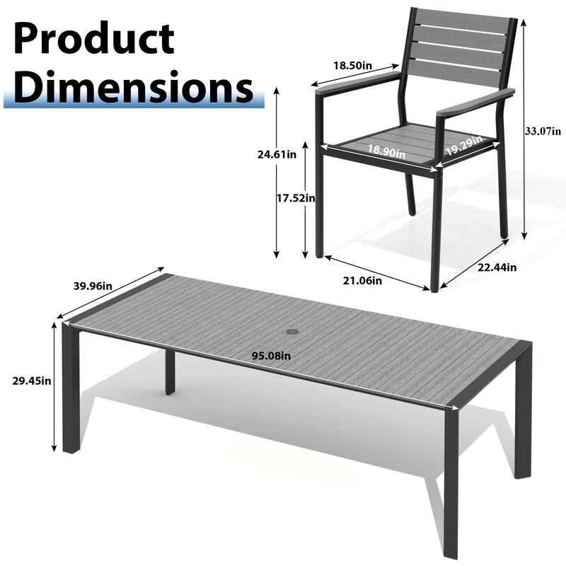 11-Piece Outdoor Patio Dining Set Wood Like Table Top Aluminum Rectangular Umbrella Hole Table with Stackable Armrest Chairs