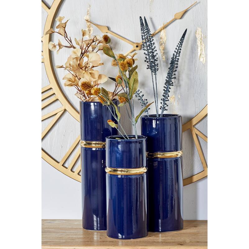 White Ceramic Decorative Vase with Gold Accents (Set of 3)