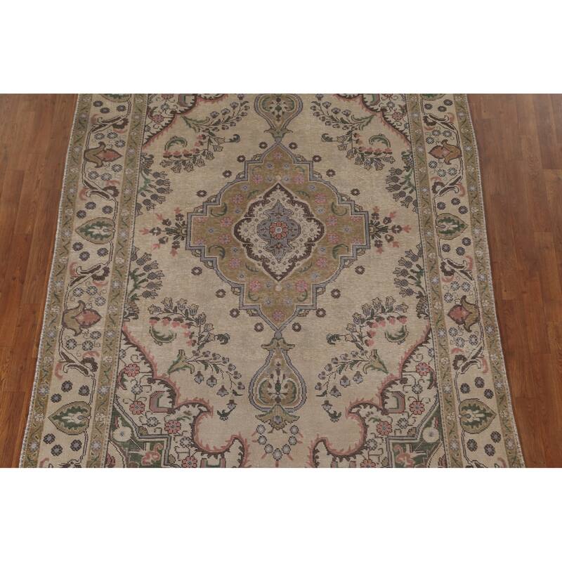 Beige Tabriz Persian Vintage Area Rug Handmade Wool Carpet - 6'3"x 9'7"