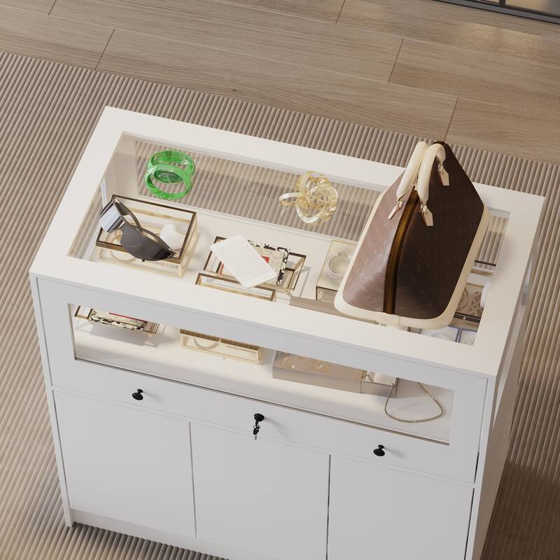 Jewelry and Display Cabinet with Glass Top and Secure Storage Dresser