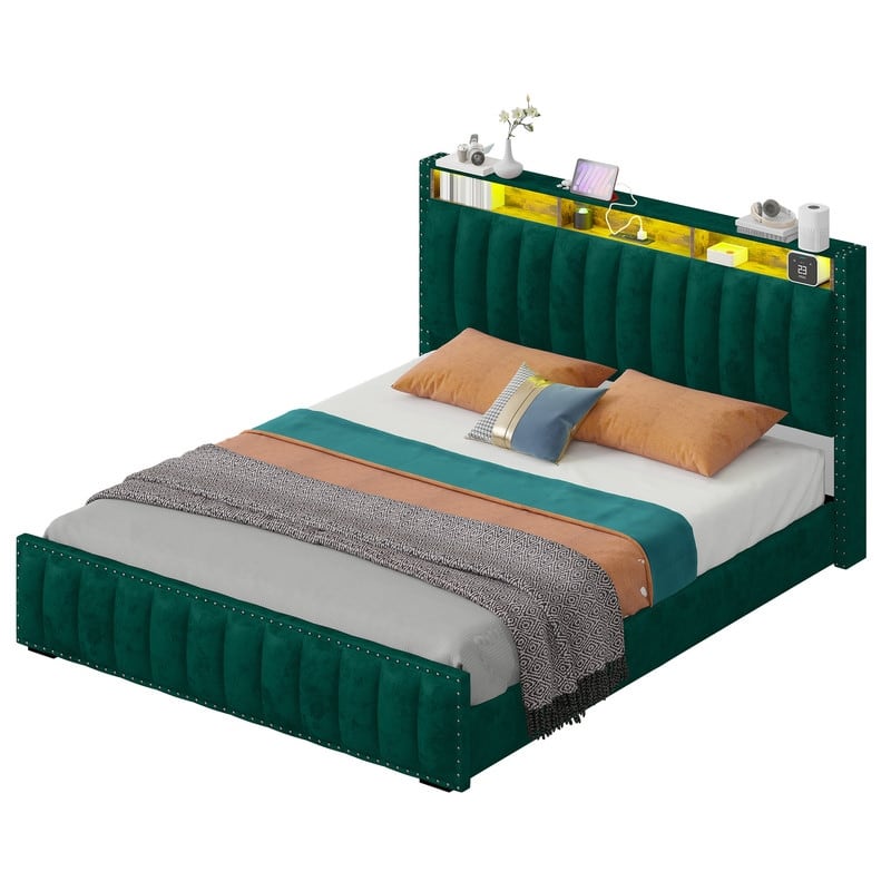 Full / Queen / King Size Platform Bed Frame with Upholstered Storage Headboard and 4 Drawers